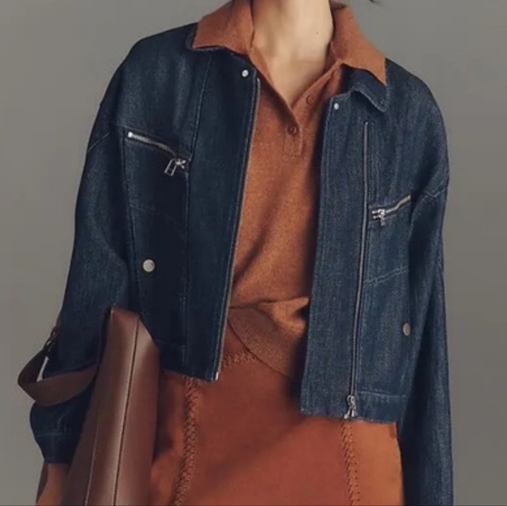 PILCRO $128 Dark Blue Denim Jean Jacket with Zip Pockets NWT New Never Used FALL - Picture 4 of 5